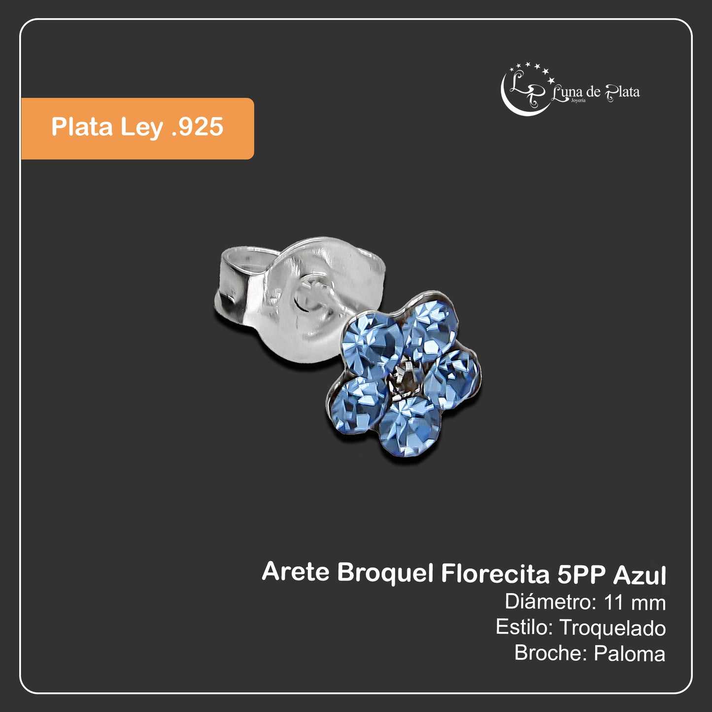 LPAP112 Arete Broquel Florecita 5PP Azul en Plata .925 Taxco 2090414651