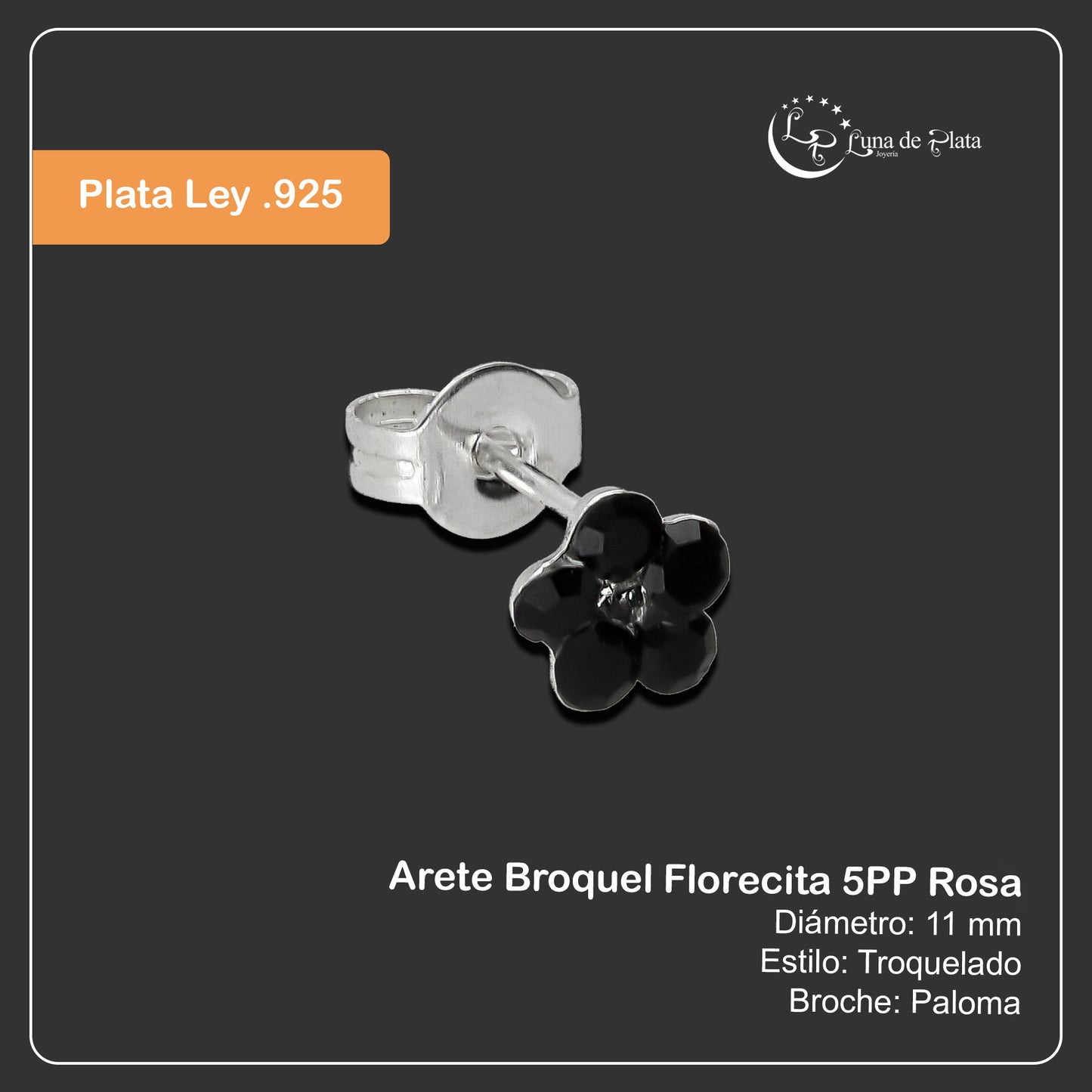 LPAP114 Arete Broquel Florecita 5PP Negro en Plata .925 Taxco 2090410387