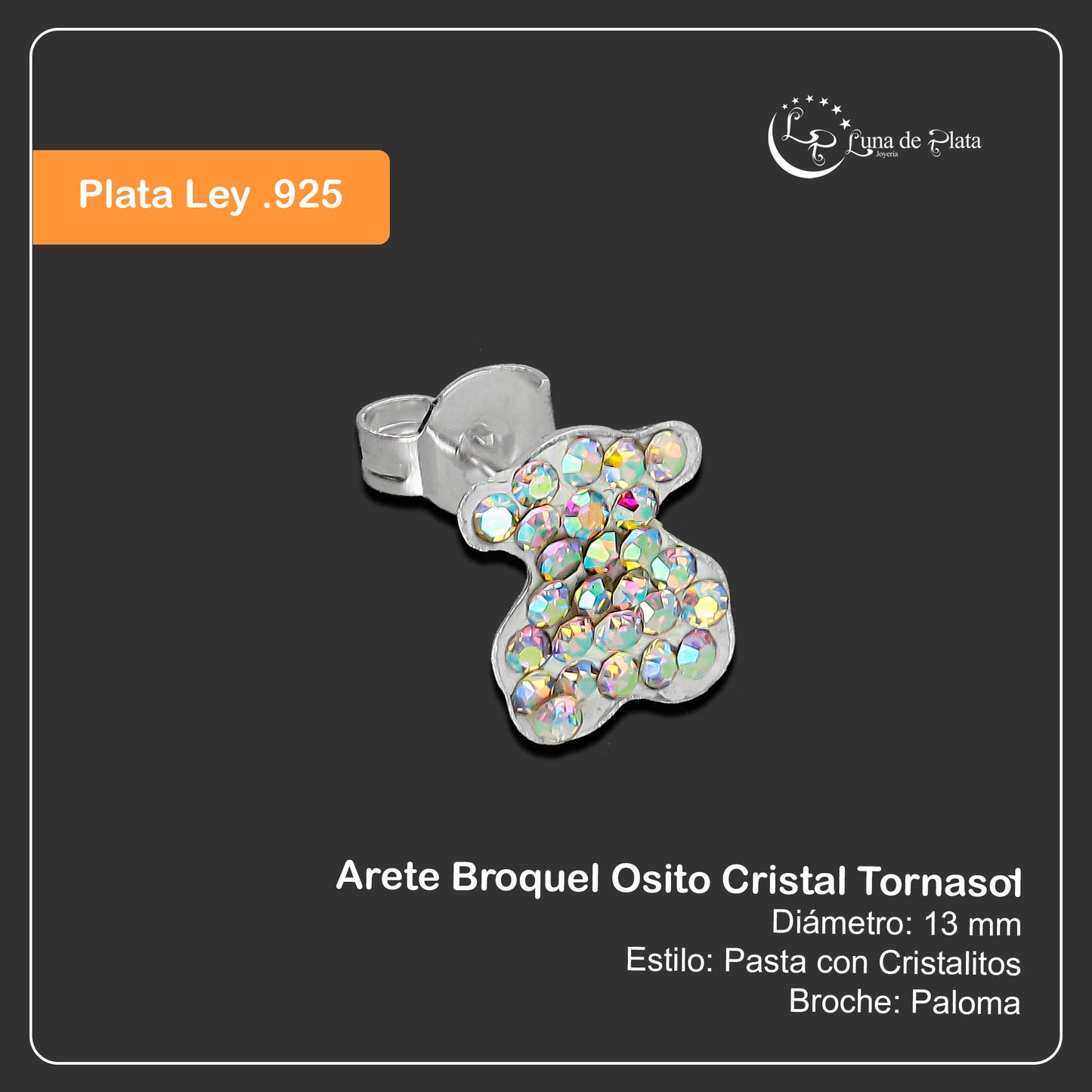 LPAP117 Arete Broquel Osito Cristal Tornasol en Plata .925 Taxco