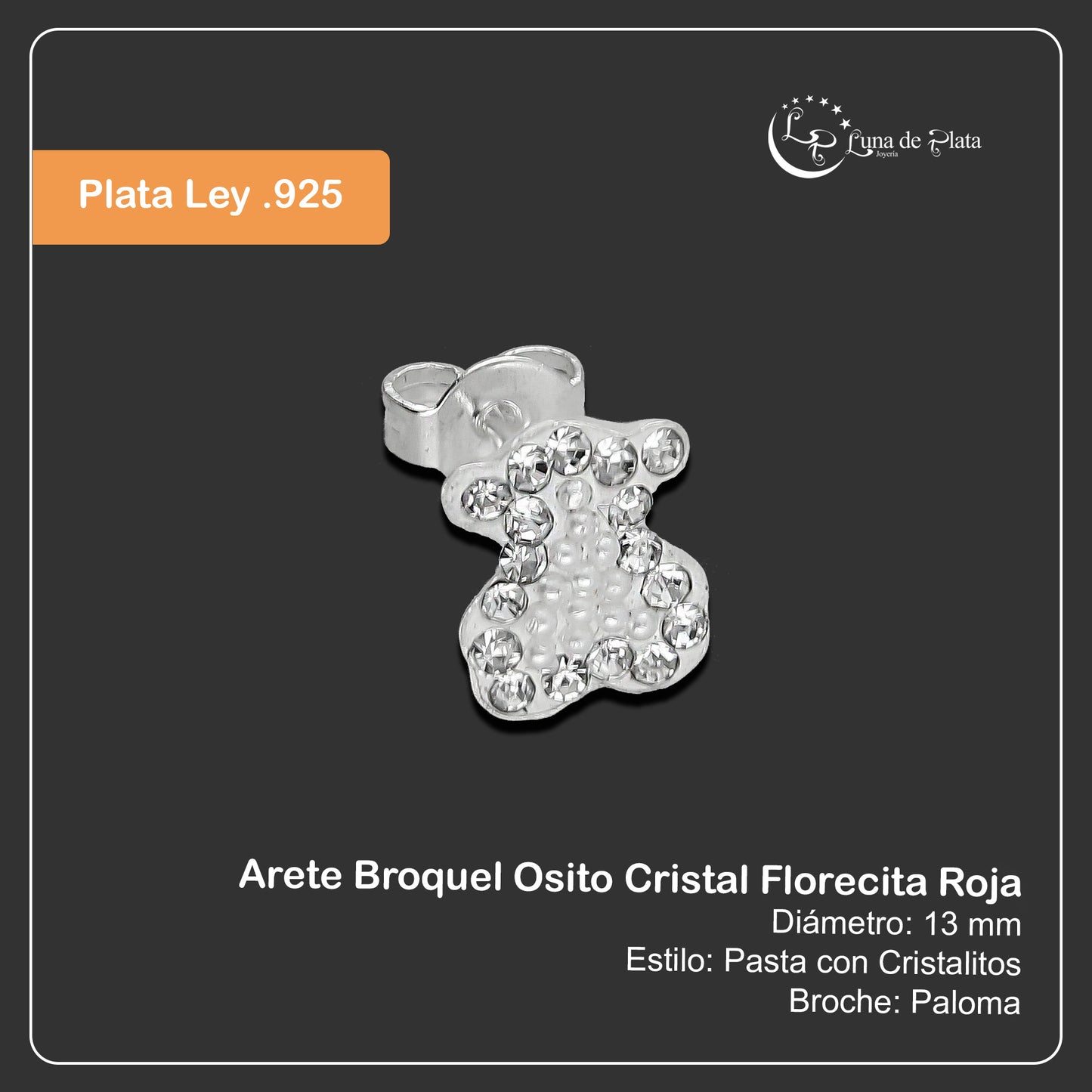 LPAP120 Arete Broquel Osito Cristal Micro Perlas en Plata .925 Taxco