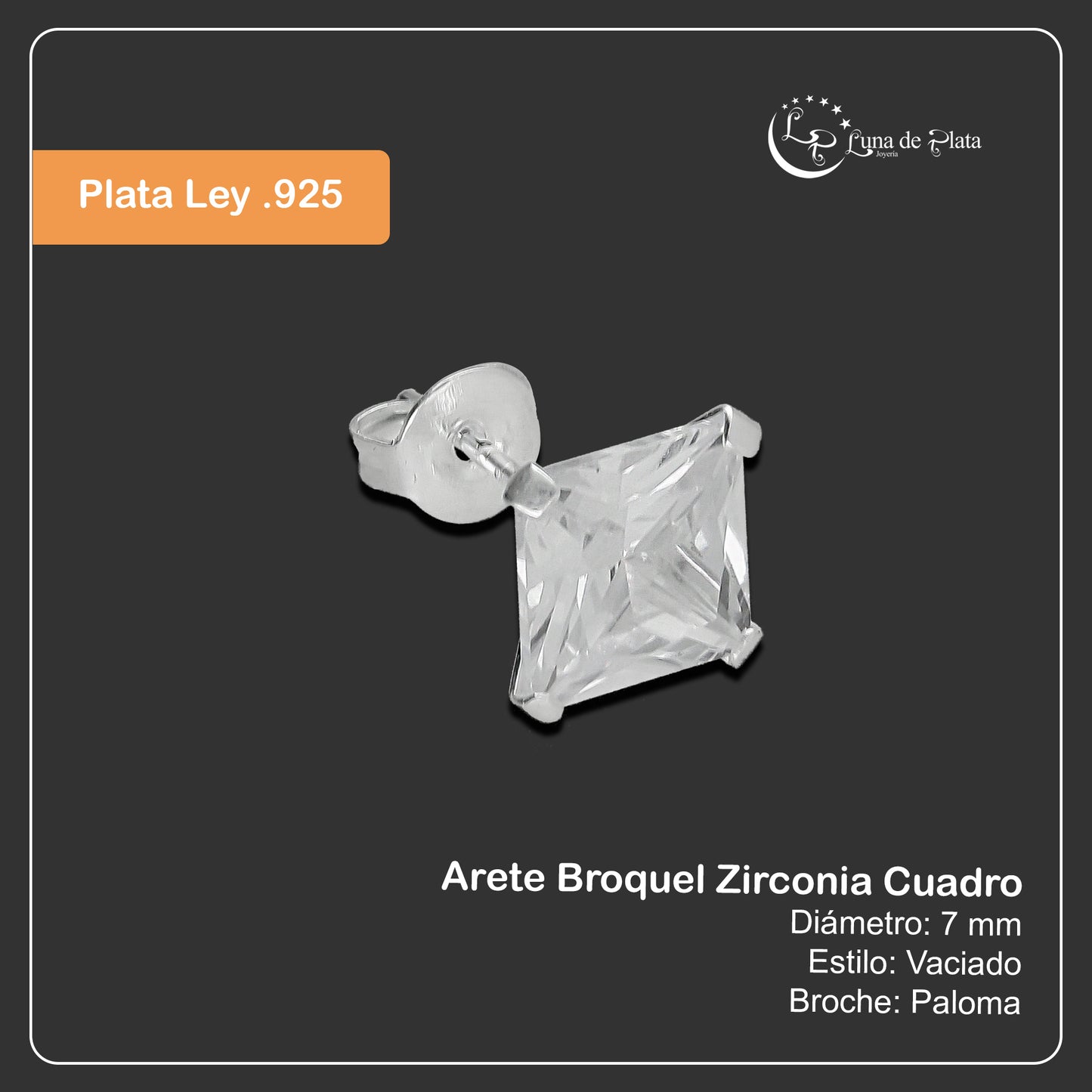 LPAP123 Arete Broquel Zirconia Cuadro 7 mm en Plata .925 Taxco 2168986463