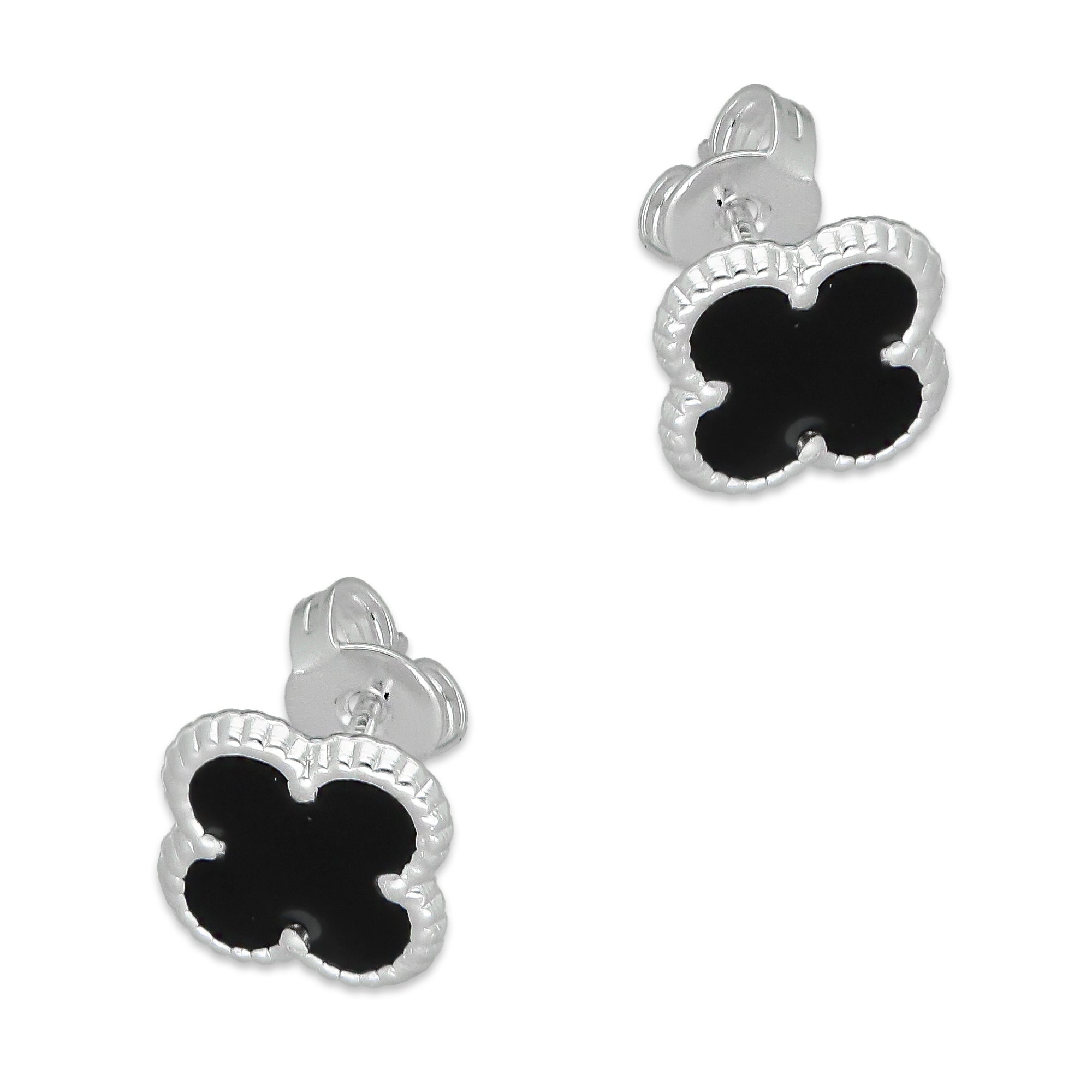 LPAP129 Arete Broquel Trébol Negro Esmalte 11 mm en Plata .925 Taxco