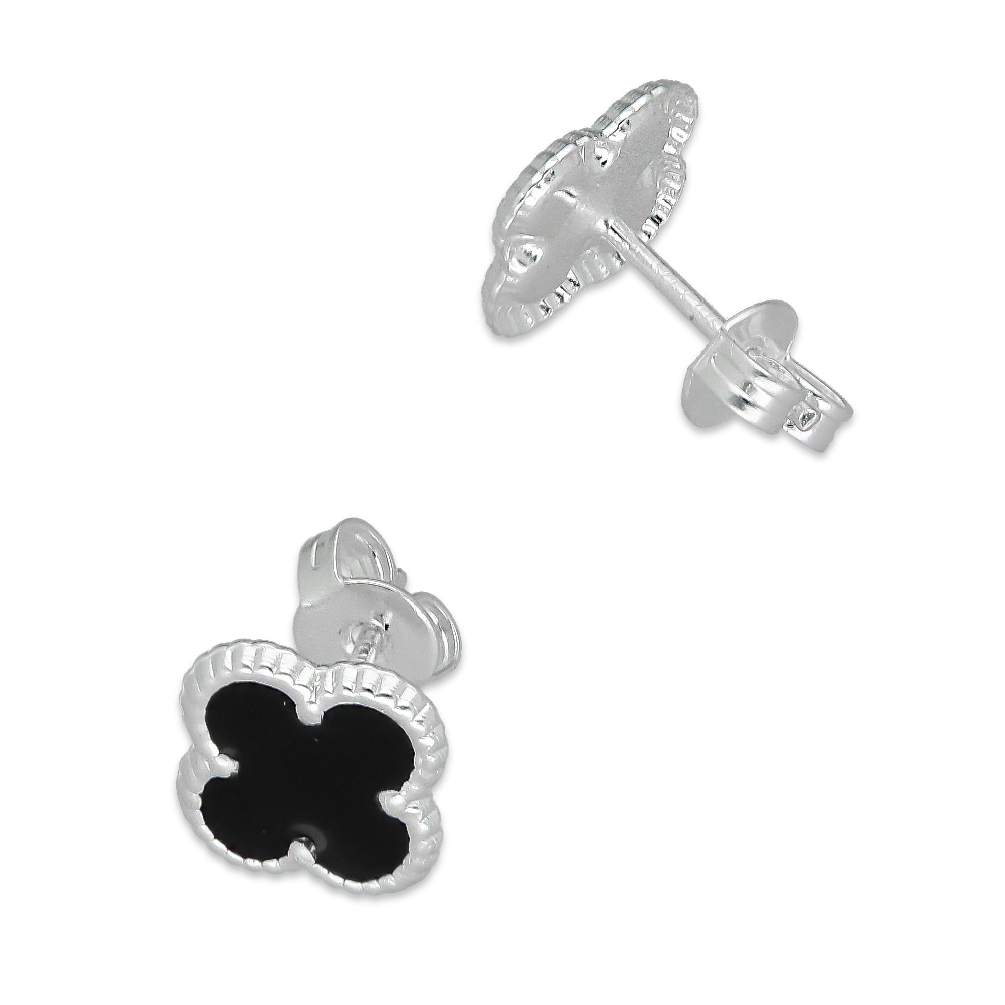 LPAP129 Arete Broquel Trébol Negro Esmalte 11 mm en Plata .925 Taxco