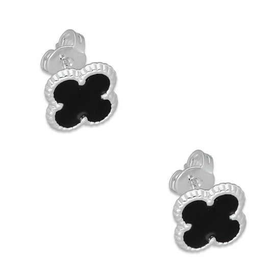 LPAP129 Arete Broquel Trébol Negro Esmalte 11 mm en Plata .925 Taxco