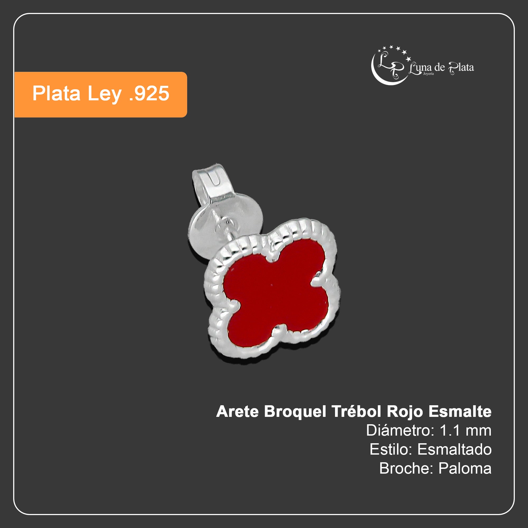 LPAP130 Arete Broquel Trébol Rojo Esmalte 11 mm en Plata .925 Taxco