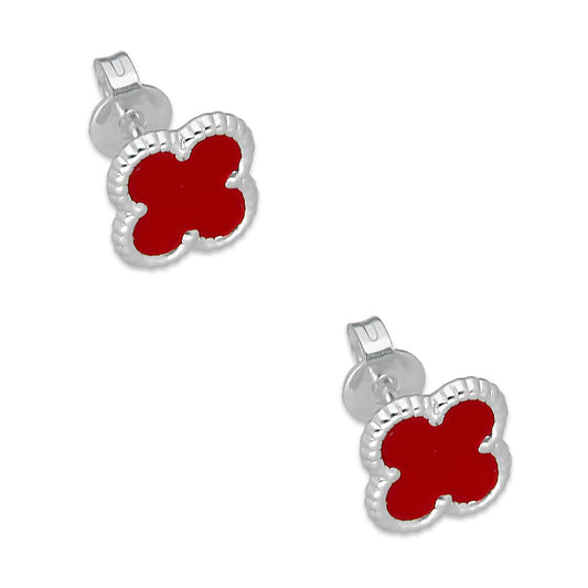 LPAP130 Arete Broquel Trébol Rojo Esmalte 11 mm en Plata .925 Taxco