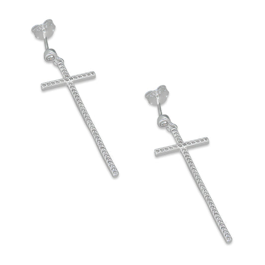 LPAP131 Arete Broquel Cruz Colgante Slim Zirconia en Plata .925 Taxco