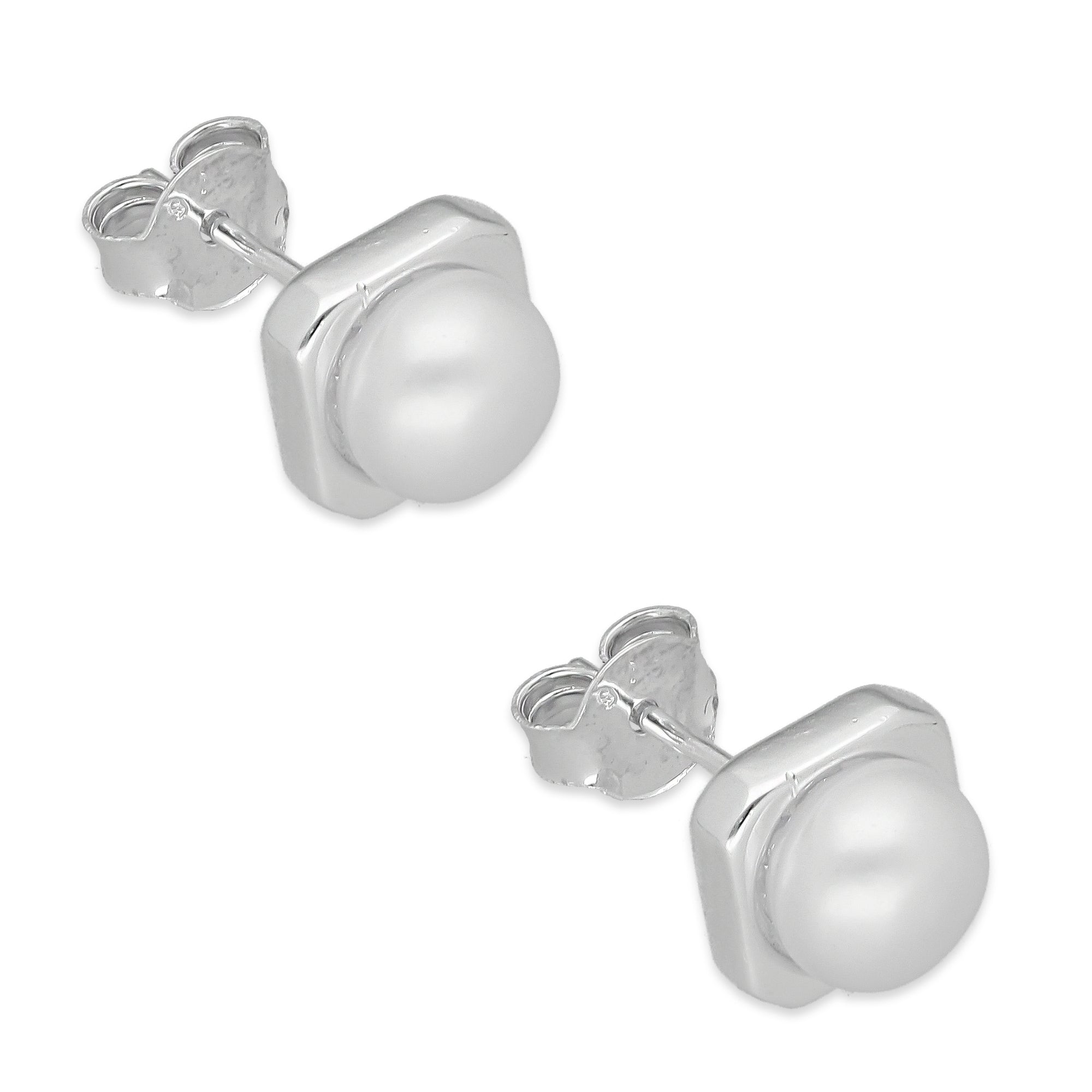 LPAP132 Arete Broquel Perla 6 mm Bisel Liso Cuadrado en Plata .925 Taxco