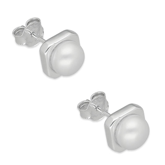 LPAP132 Arete Broquel Perla 6 mm Bisel Liso Cuadrado en Plata .925 Taxco