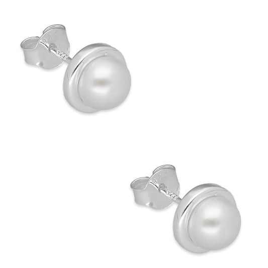 LPAP133 Arete Broquel Perla 6 mm Bisel Liso Redondo en Plata .925 Taxco