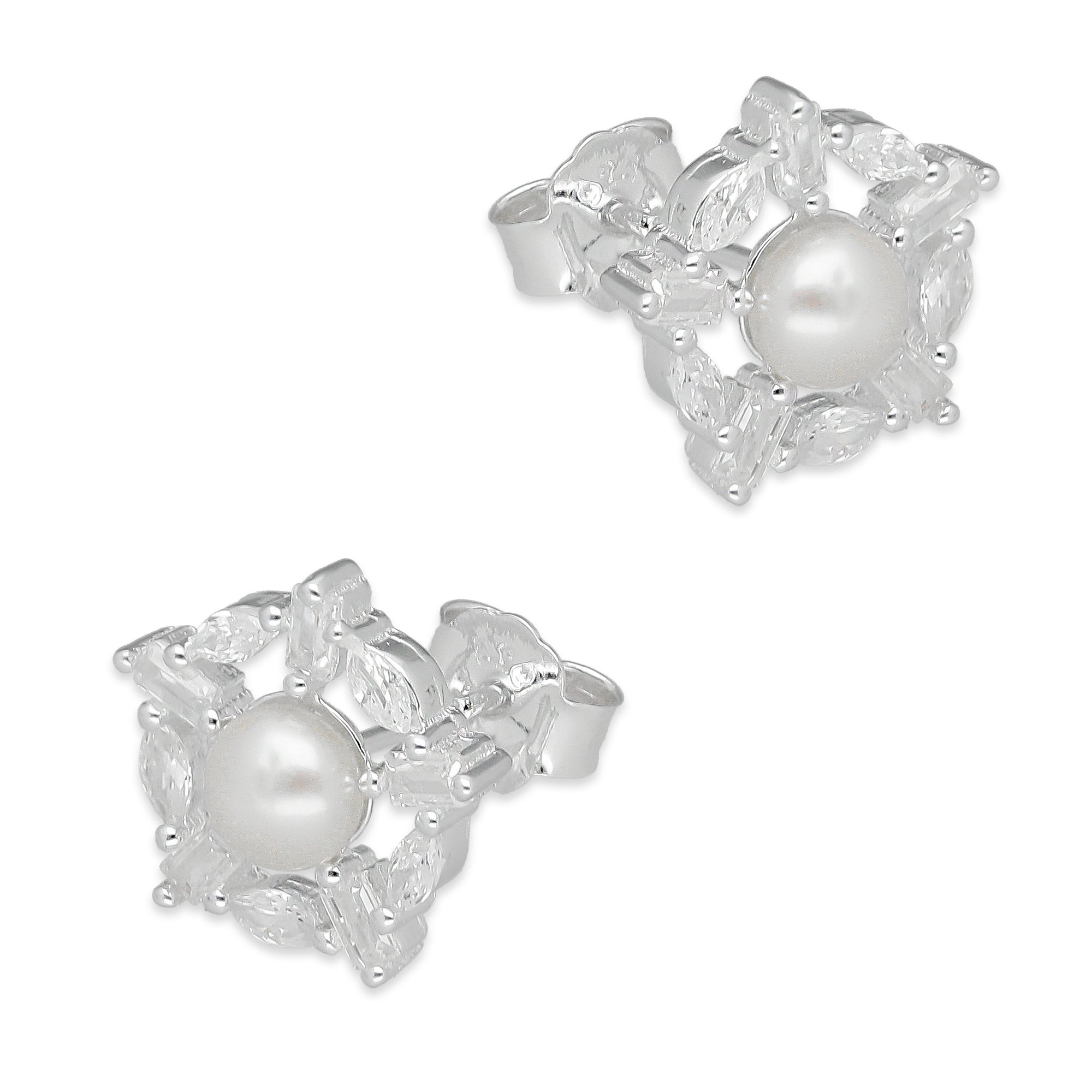 LPAP134 Arete Broquel Perla 6 mm Copo de Nieve con Zirconias en Plata .925 Taxco