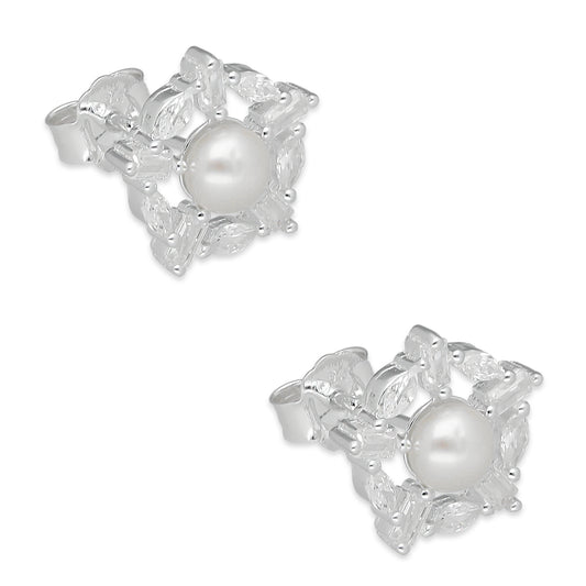 LPAP134 Arete Broquel Perla 6 mm Copo de Nieve con Zirconias en Plata .925 Taxco