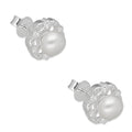 LPAP135 Arete Broquel Perla 6 mm Base Flor con Zirconias en Plata .925 Taxco