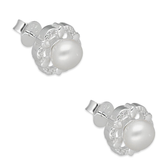 LPAP135 Arete Broquel Perla 6 mm Base Flor con Zirconias en Plata .925 Taxco