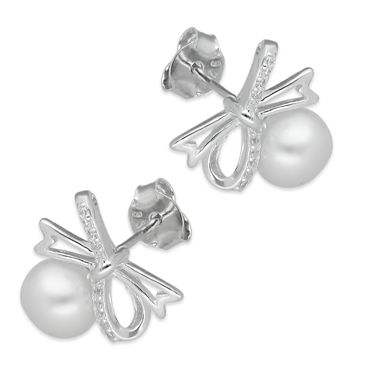 LPAP136 Arete Broquel Perla 6 mm Moñito con Zirconias en Plata .925 Taxco