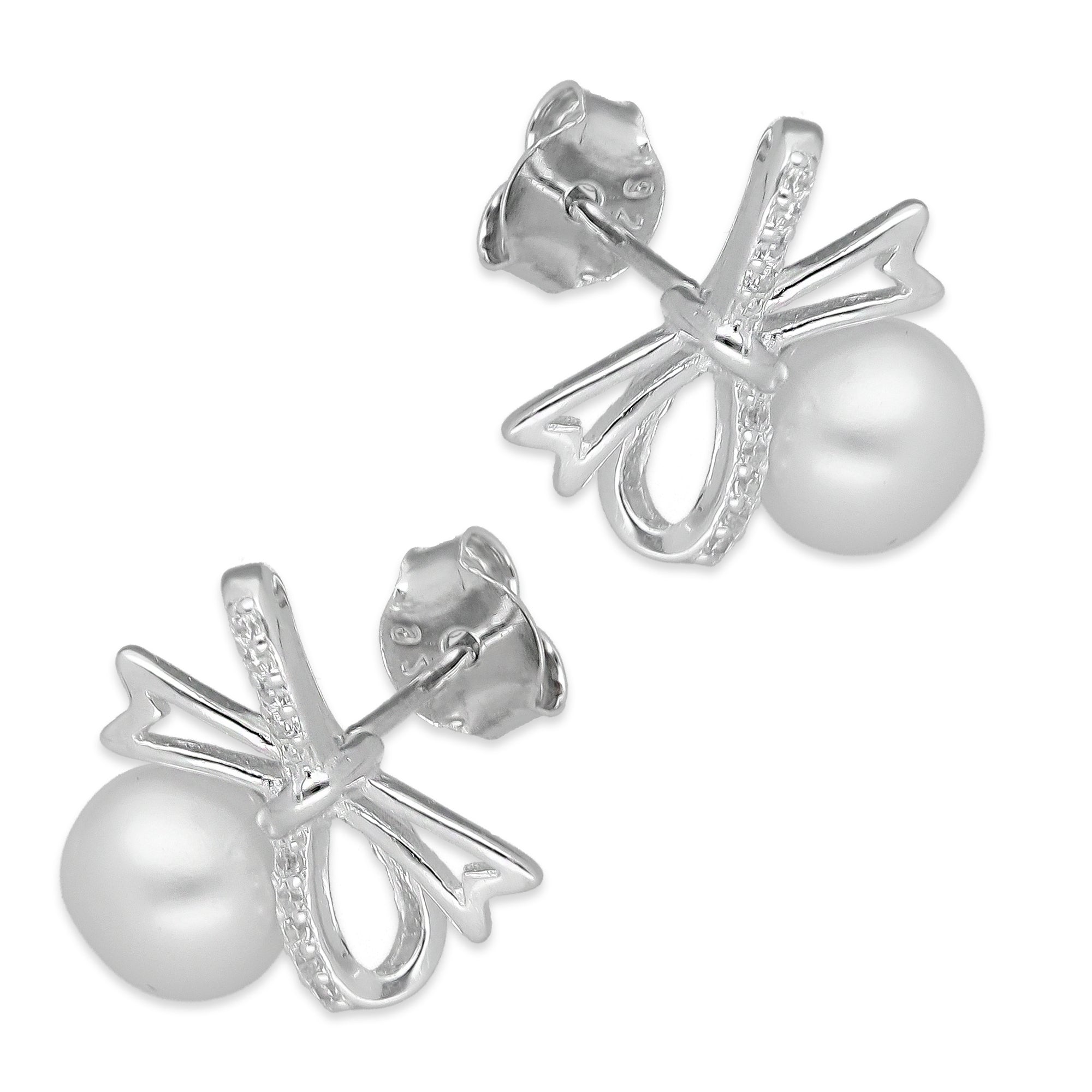 LPAP136 Arete Broquel Perla 6 mm Moñito con Zirconias en Plata .925 Taxco