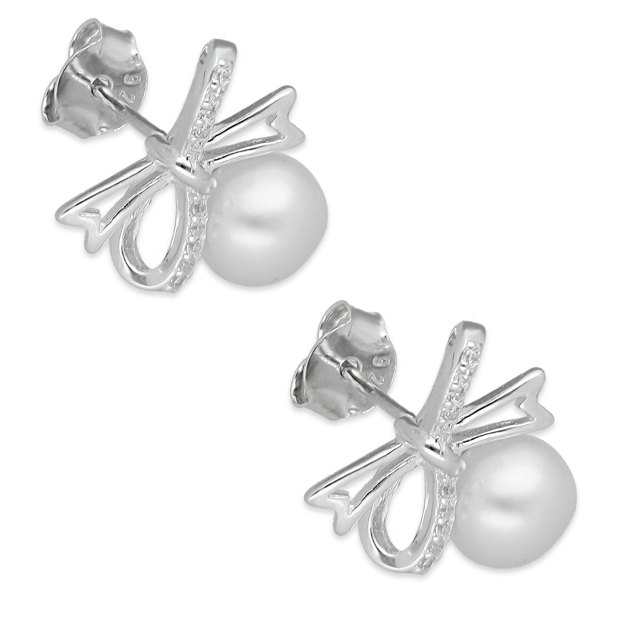 LPAP136 Arete Broquel Perla 6 mm Moñito con Zirconias en Plata .925 Taxco