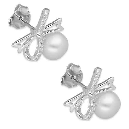 LPAP136 Arete Broquel Perla 6 mm Moñito con Zirconias en Plata .925 Taxco