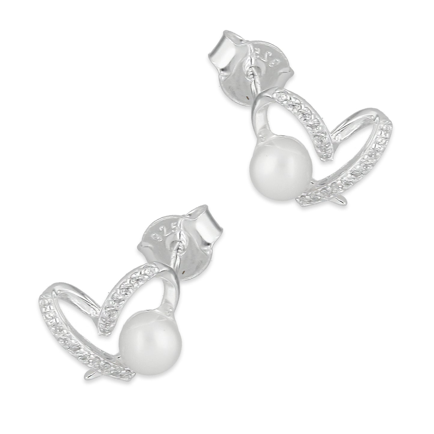 LPAP137 Arete Broquel Perla 4 mm Corazón Espiral con Zirconias en Plata .925 Taxco