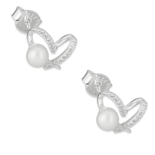 LPAP137 Arete Broquel Perla 4 mm Corazón Espiral con Zirconias en Plata .925 Taxco