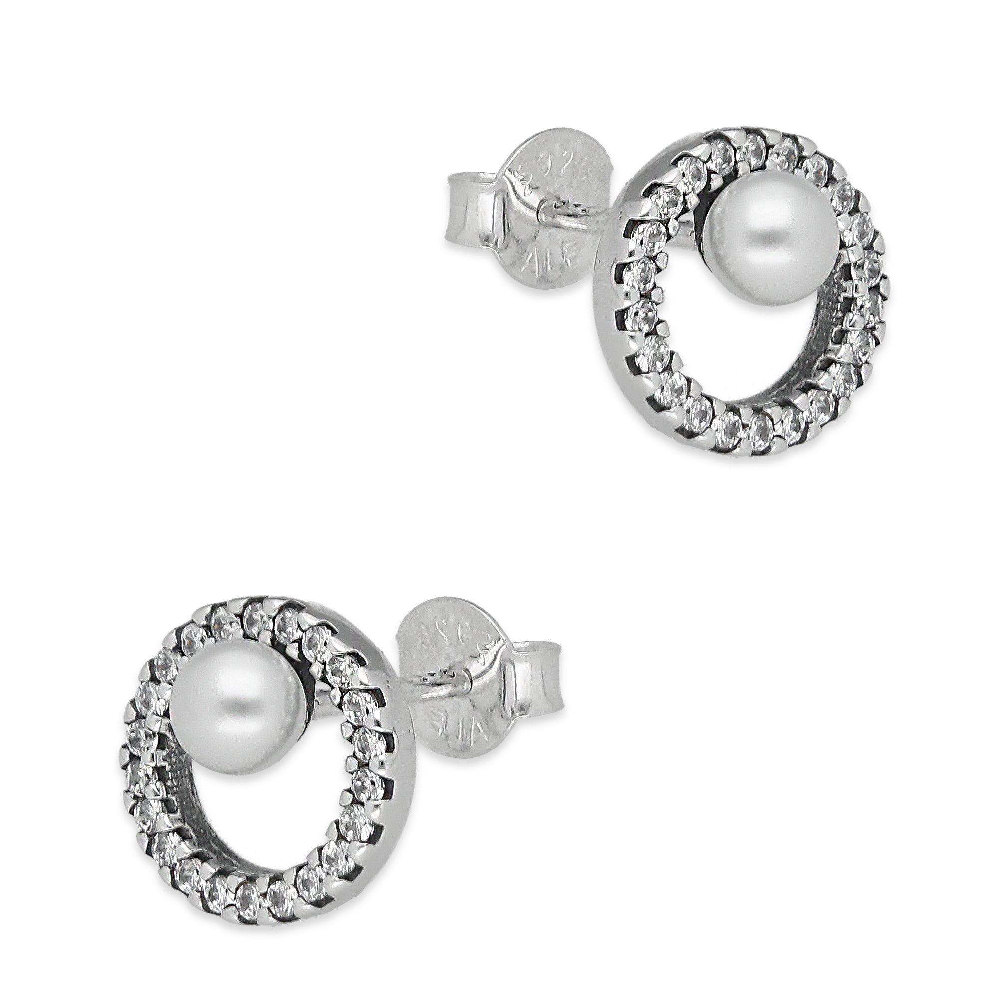 LPAP138 Arete Broquel Pandora Círculo con Zirconias y Perla en Plata .925 Taxco