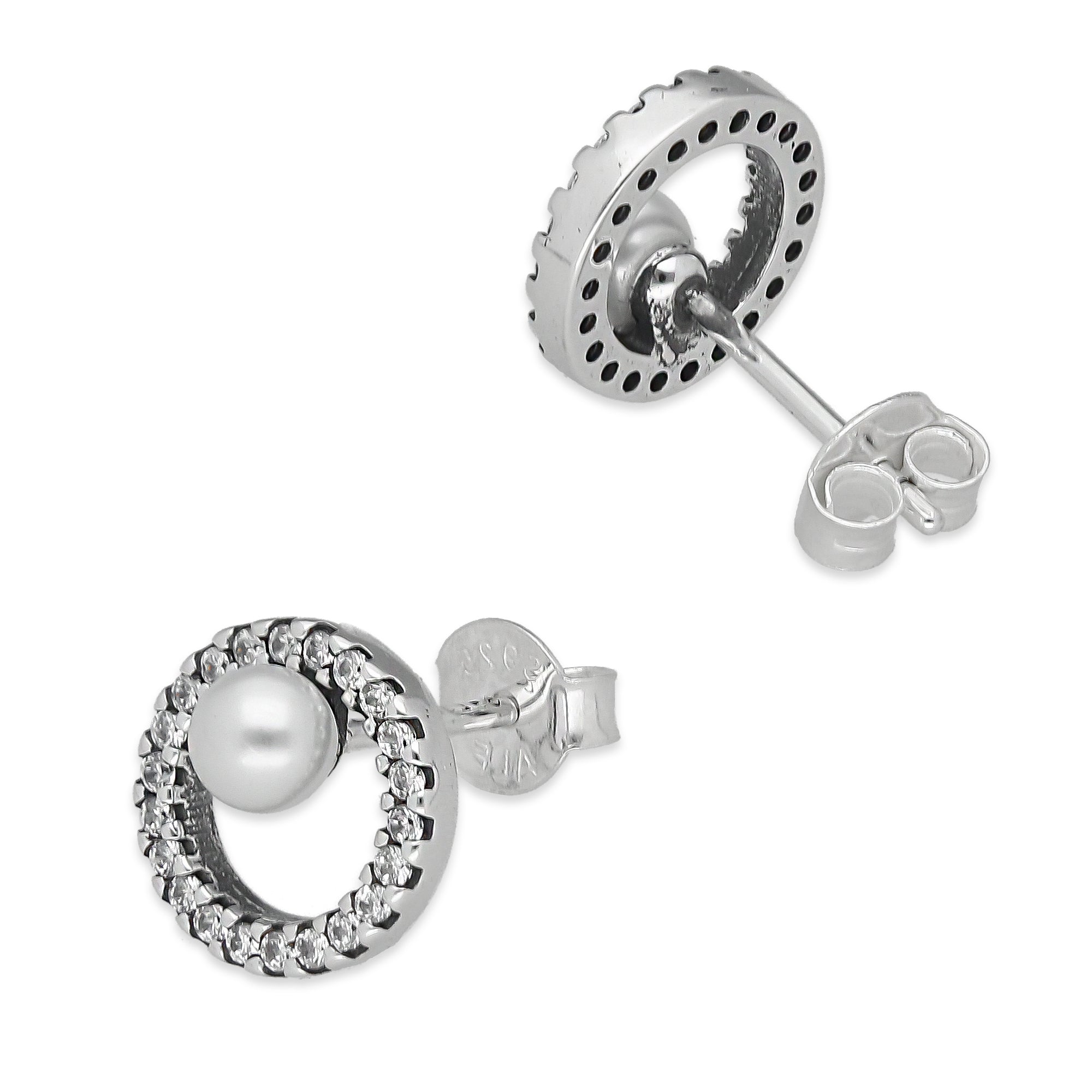 LPAP138 Arete Broquel Pandora Círculo con Zirconias y Perla en Plata .925 Taxco