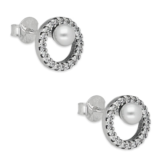 LPAP138 Arete Broquel Pandora Círculo con Zirconias y Perla en Plata .925 Taxco