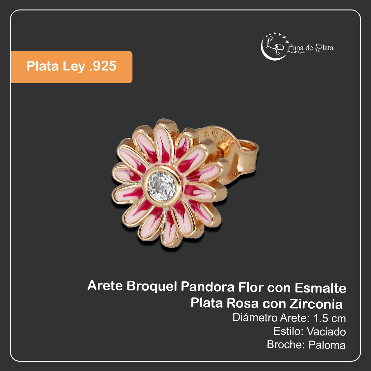 LPAP139 Arete Broquel Pandora Flor con Esmalte Plata Rosa con Zirconia en Plata .925 Taxco