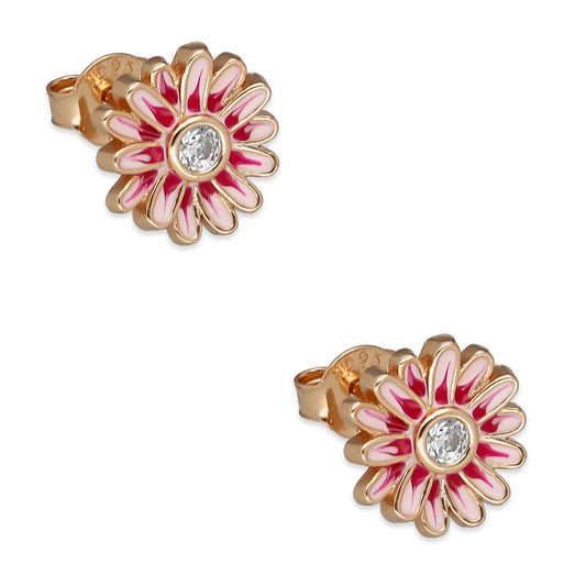 LPAP139 Arete Broquel Pandora Flor con Esmalte Plata Rosa con Zirconia en Plata .925 Taxco