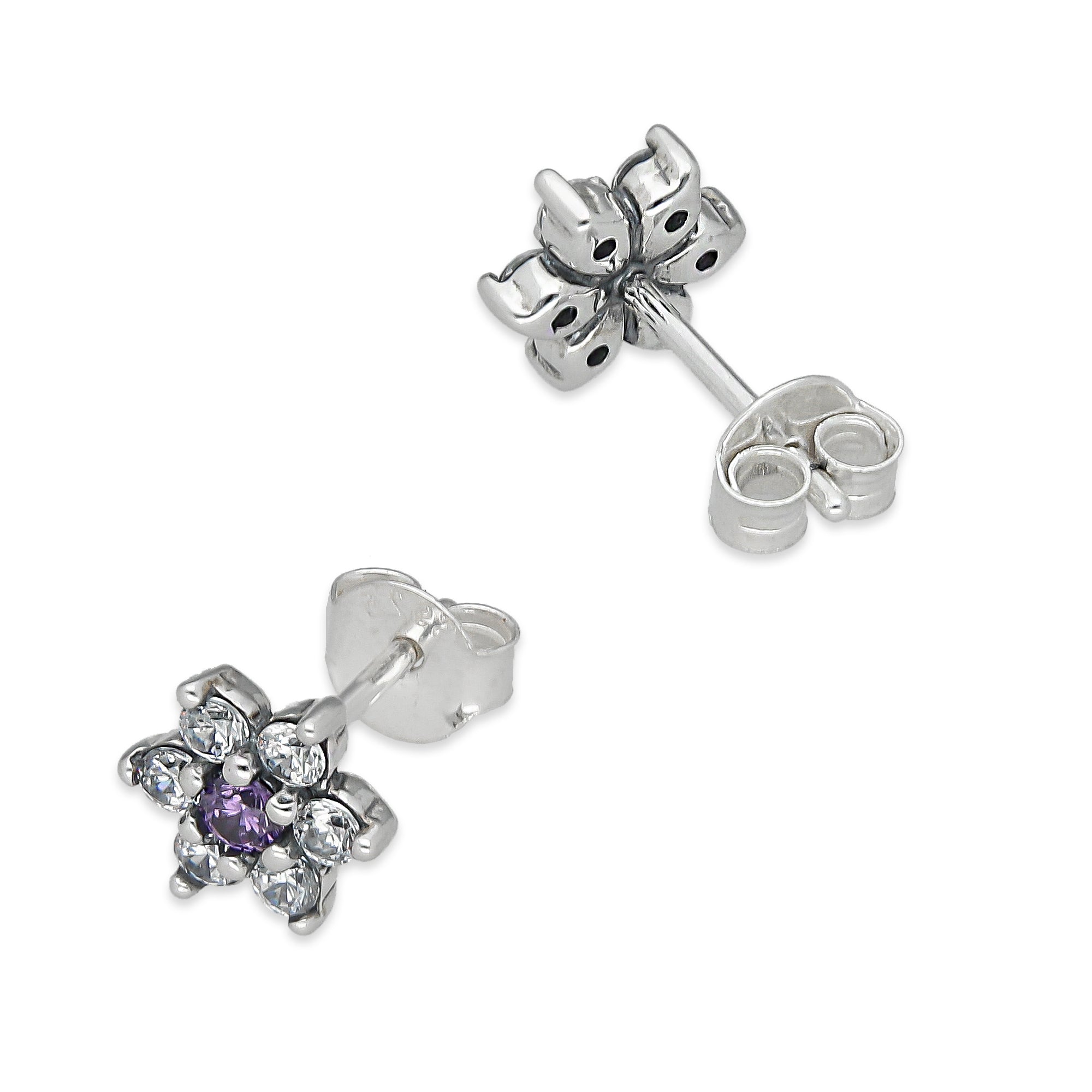 LPAP140 Arete Broquel Mini Flor Centro Violeta con Zirconias en Plata .925 Taxco