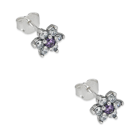 LPAP140 Arete Broquel Mini Flor Centro Violeta con Zirconias en Plata .925 Taxco