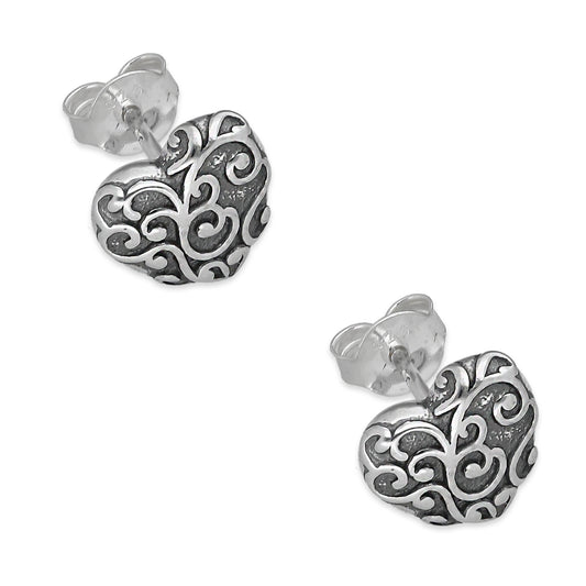 LPAP141 Arete Broquel Corazón Bombeado Ornamentado en Plata .925 Taxco