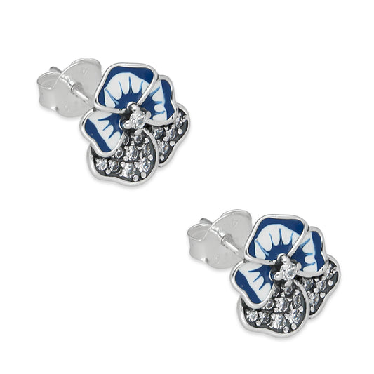 LPAP142 Arete Broquel Flor 5 Pétalos Esmalte y Zirconias en Plata .925 Taxco