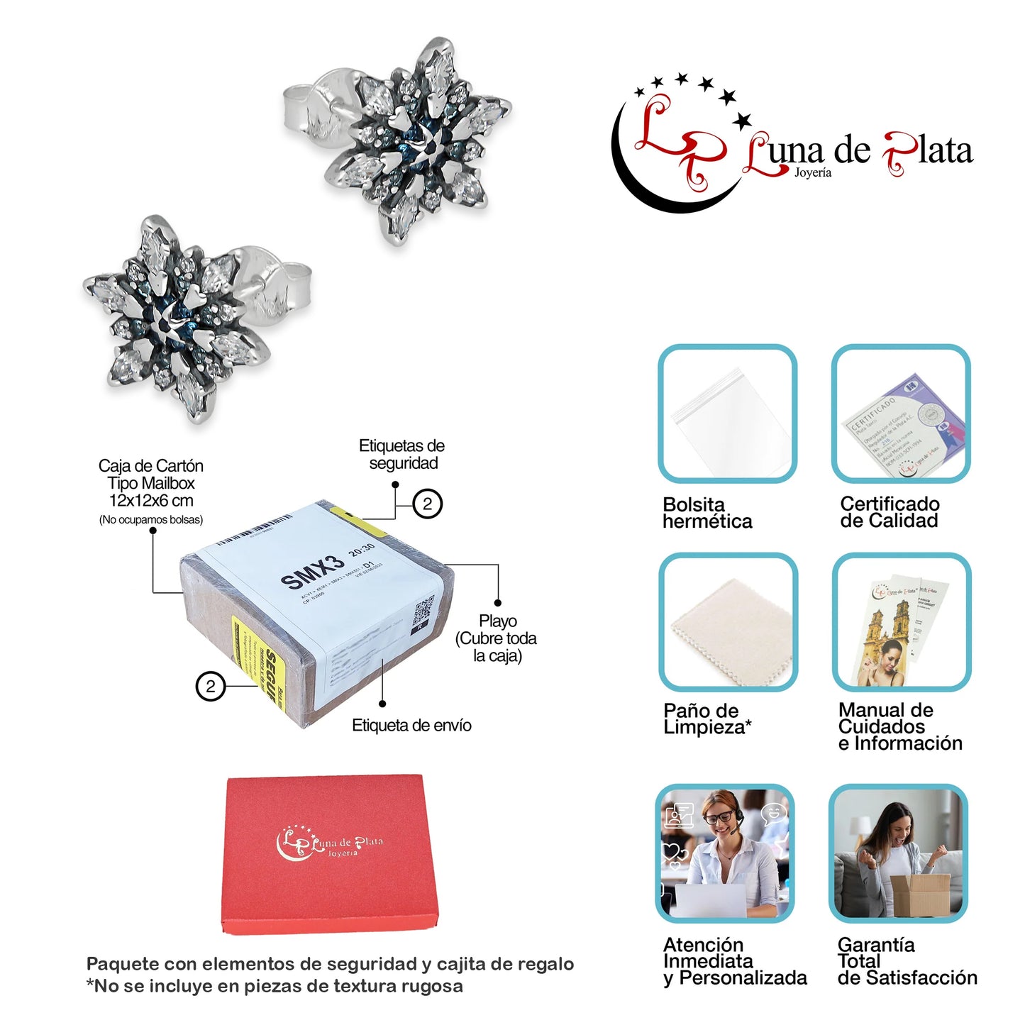 LPAP143 Arete Broquel Copo de NIeve 6 Puntas con Zirconia en Plata .925 Taxco