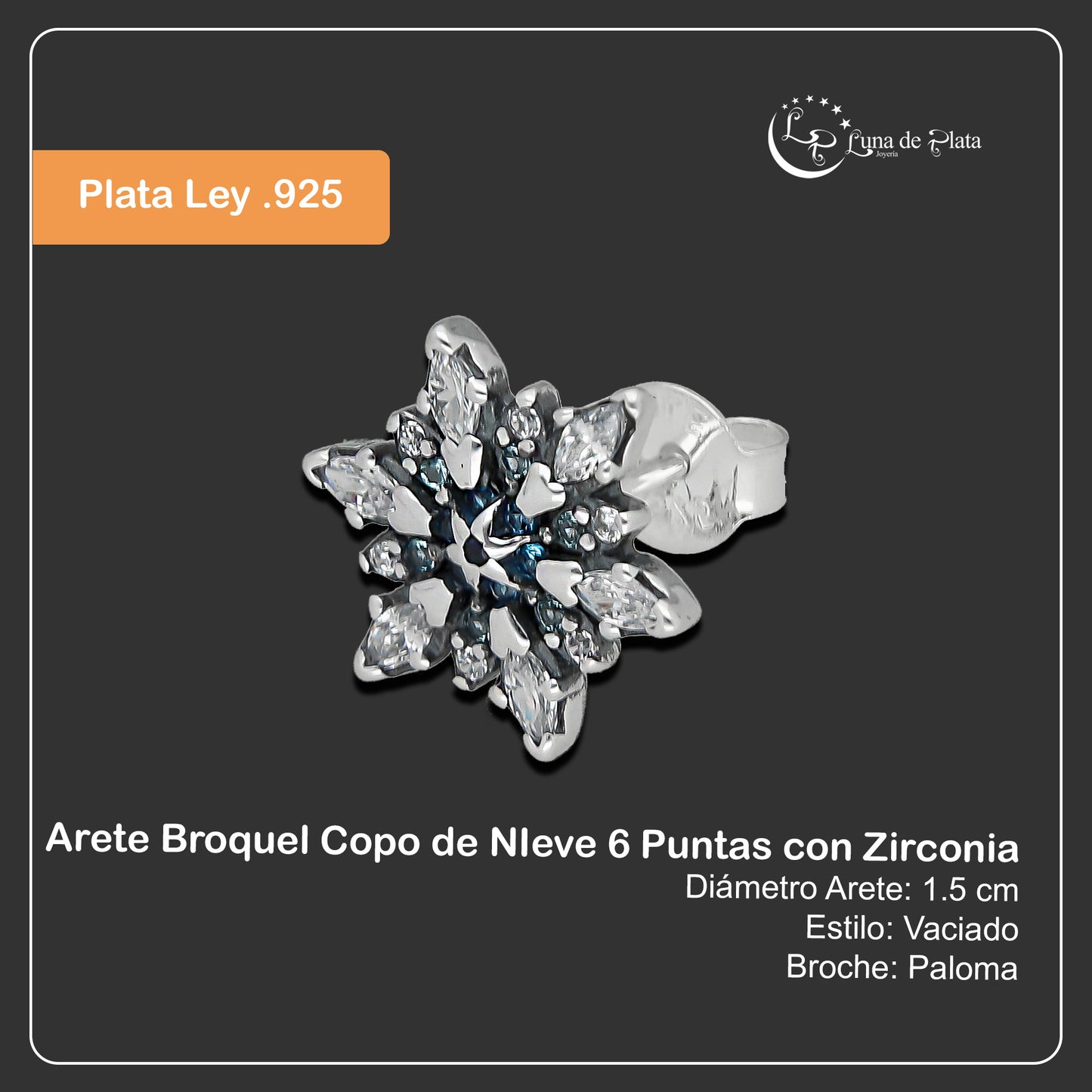 LPAP143 Arete Broquel Copo de NIeve 6 Puntas con Zirconia en Plata .925 Taxco