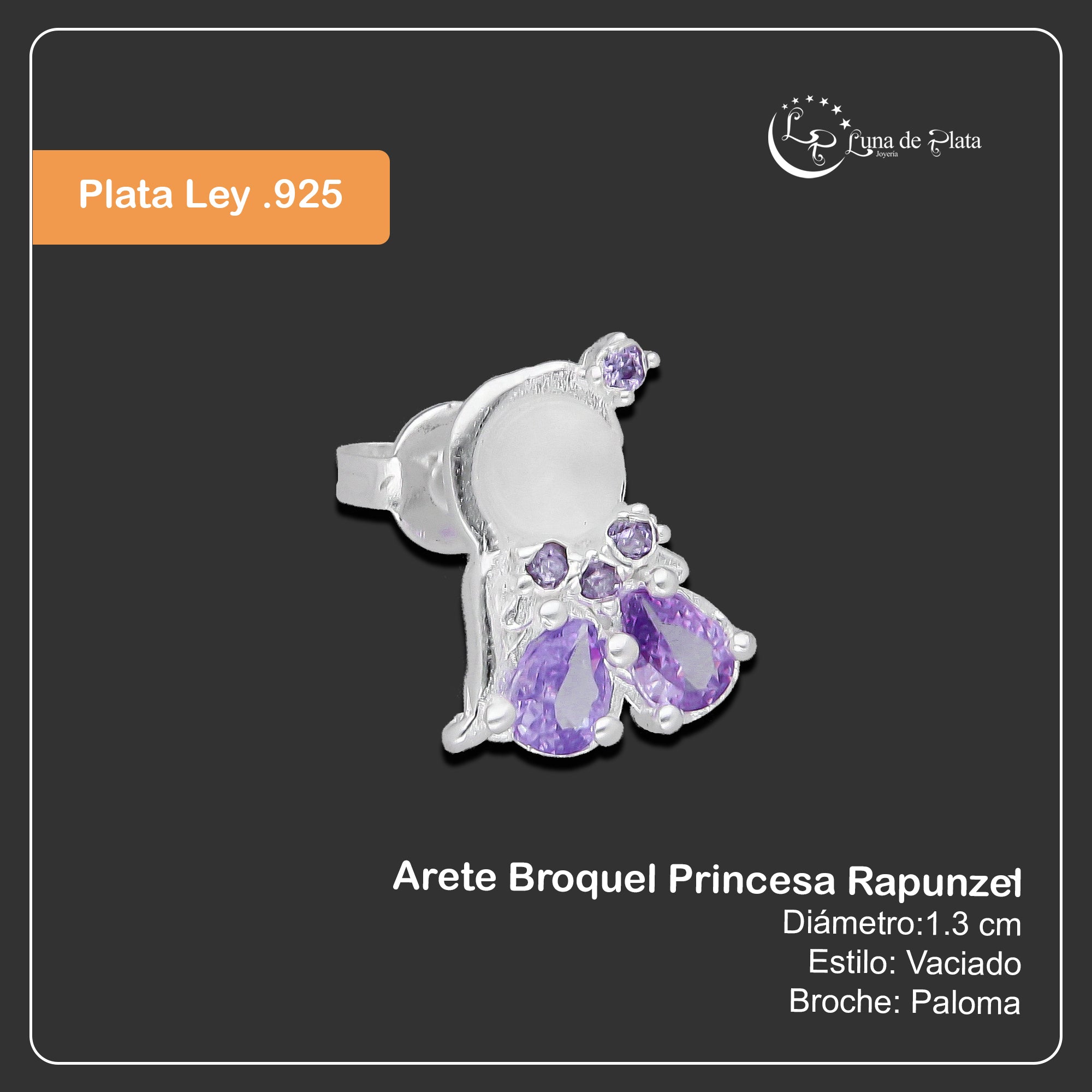 LPAP145 Arete Broquel Princess Mod 2 Rap Lila en Plata .925 Taxco 4685857440