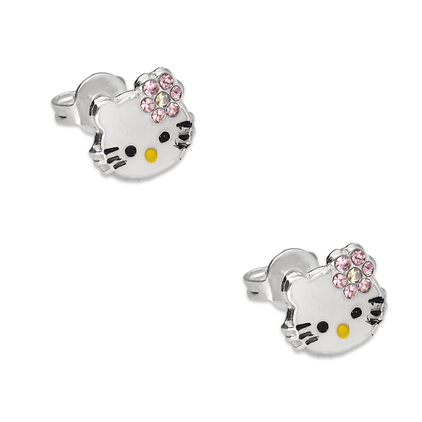LPYAP001 Arete Broquel Kitty Esmalte Florecita Zirconias en Plata .925
