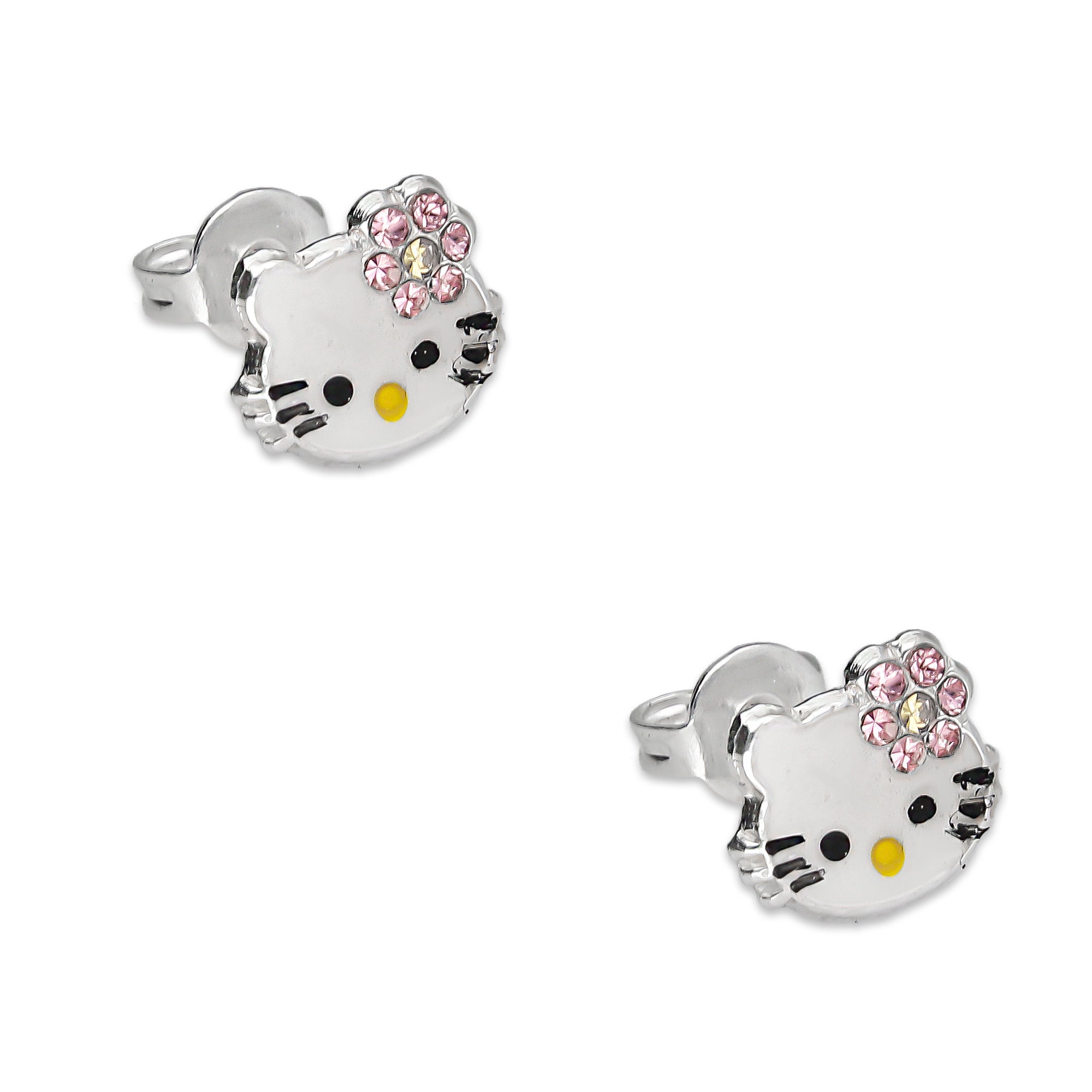 LPYAP001 Arete Broquel Kitty Esmalte Florecita Zirconias en Plata .925