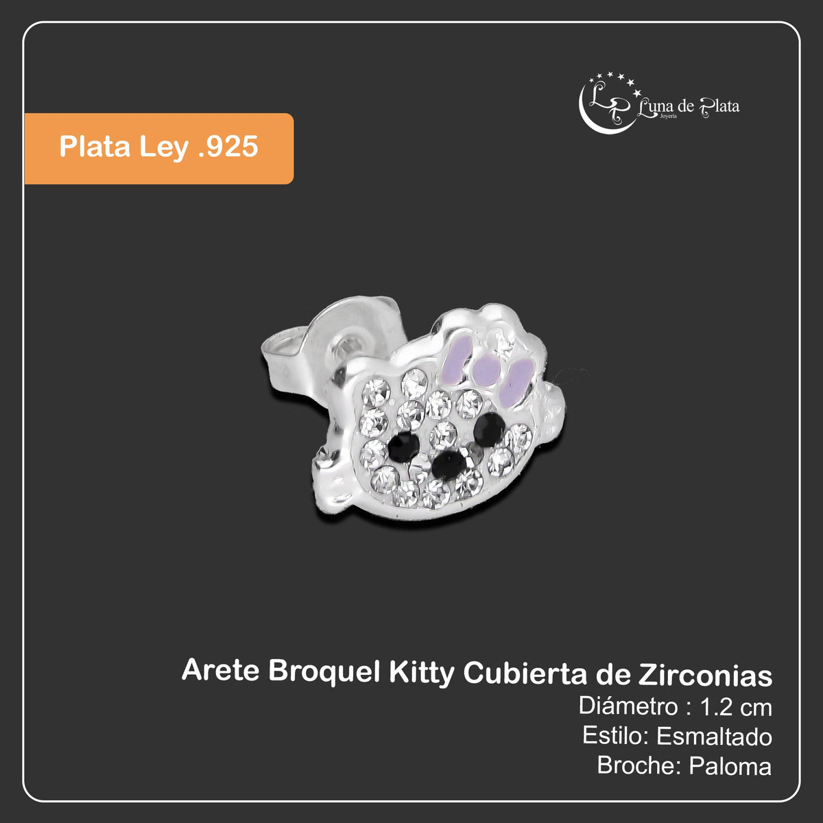 LPYAP002 Arete Broquel Kitty Cubierta de Zirconias en Plata .925