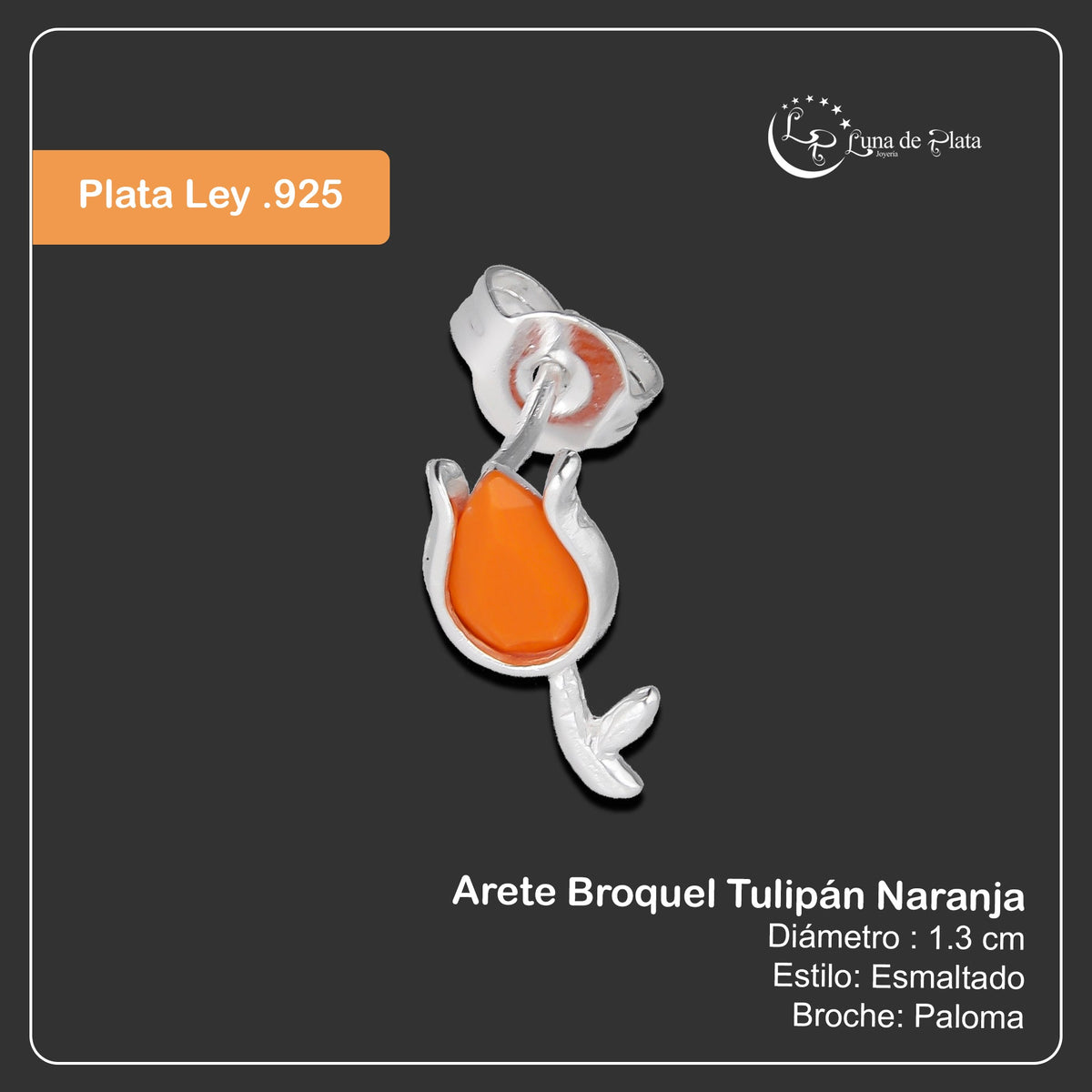LPYAP004 Arete Broquel Tulipán Naranja en Plata .925 5539553866