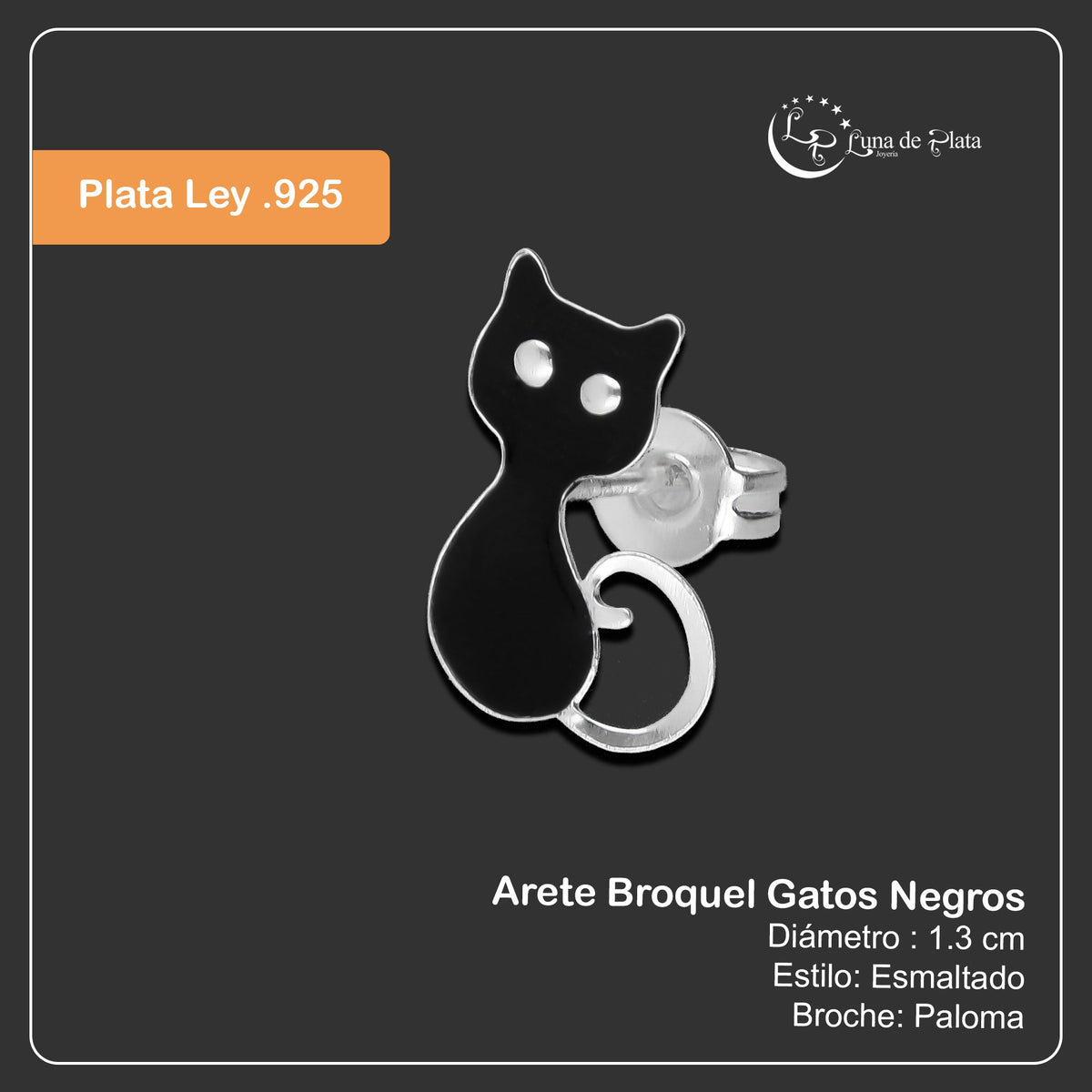LPYAP007 Arete Broquel Gatos Negros en Plata .925 5539490466
