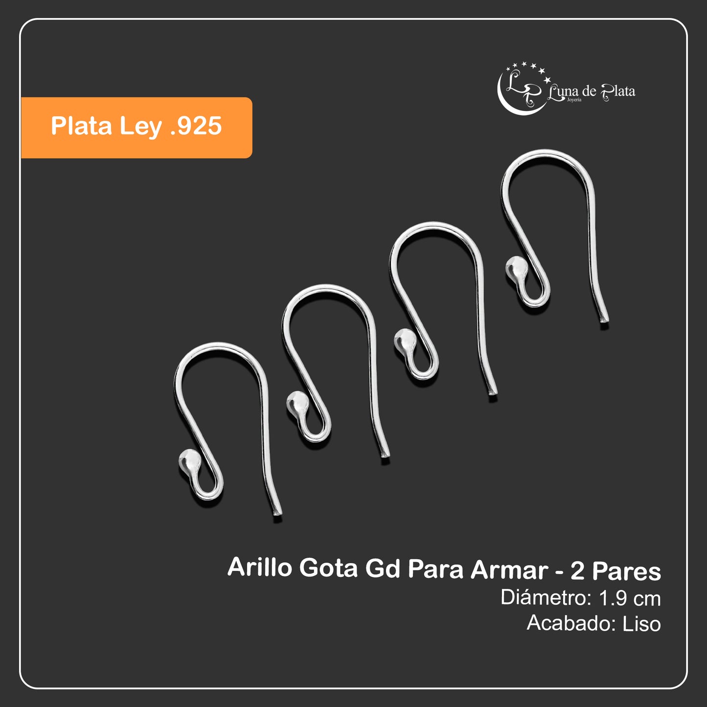 LPAR008 Arillo Gota Gd Para Armar - 2 Pares de Plata .925 2036279815