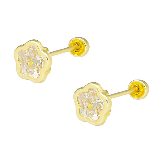 LPAUBR083 Aretes Broquel Oro 10K Niña o Mujer Bisel Flor #5 Blanco 386 1908396265