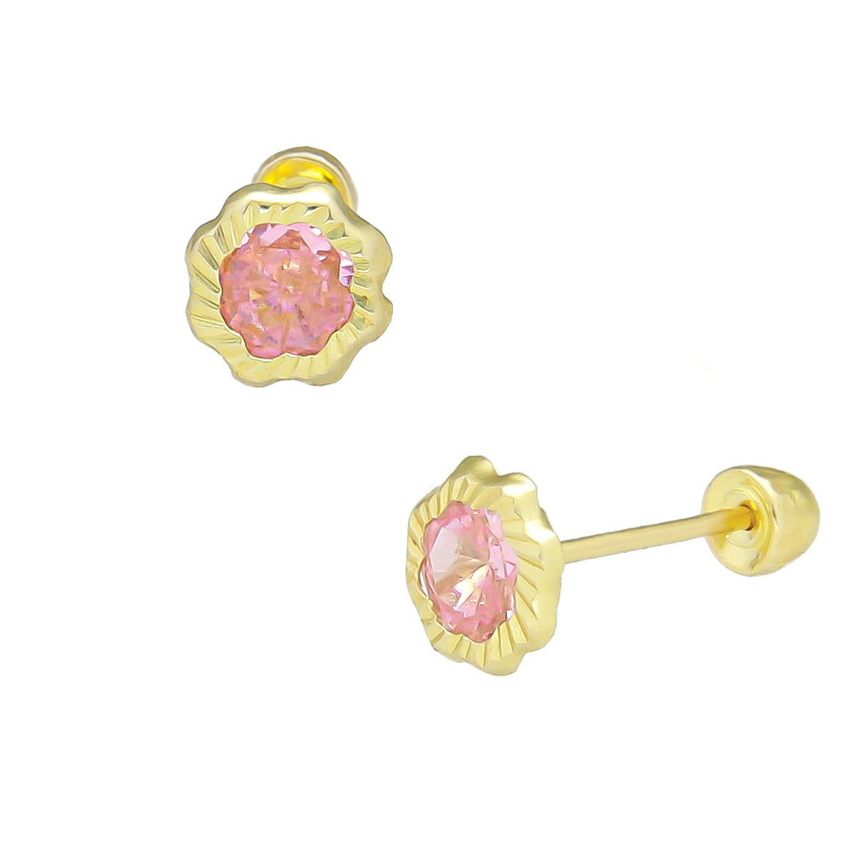 LPAUBR088 Aretes Broquel Oro 10K Niña o Mujer Flor Bisel Diam Rosa 662-B 1908951099