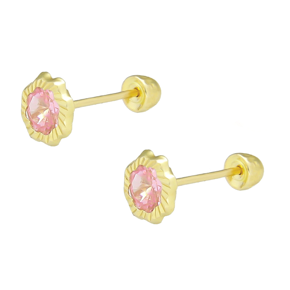 LPAUBR088 Aretes Broquel Oro 10K Niña o Mujer Flor Bisel Diam Rosa 662-B 1908951099