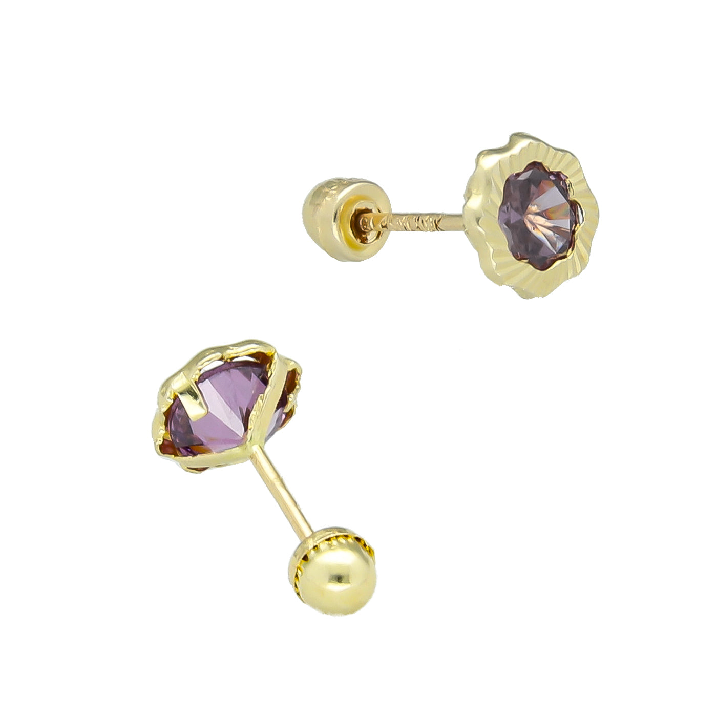 LPAUBR090 Aretes Broquel Oro 10K Niña o Mujer Flor Bisel Diam Violeta 662-B 1909019141