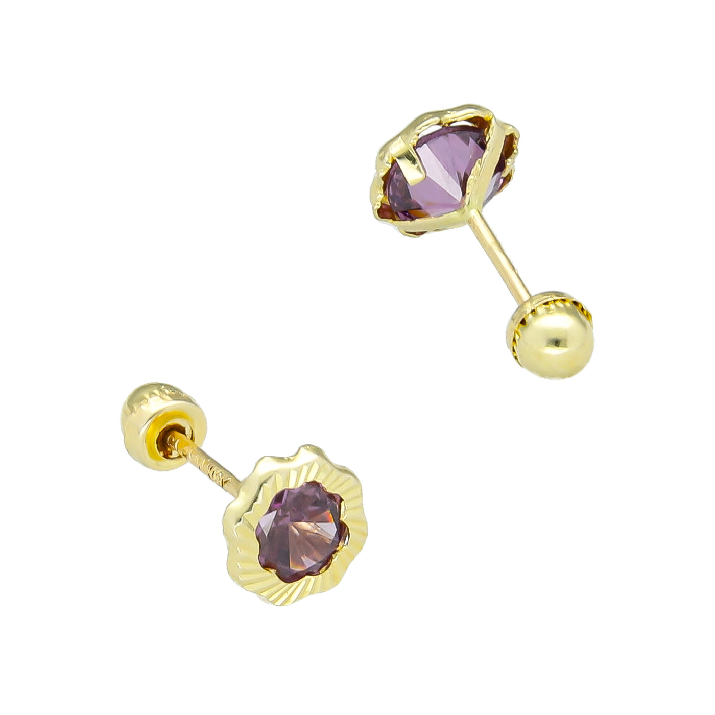 LPAUBR090 Aretes Broquel Oro 10K Niña o Mujer Flor Bisel Diam Violeta 662-B 1909019141