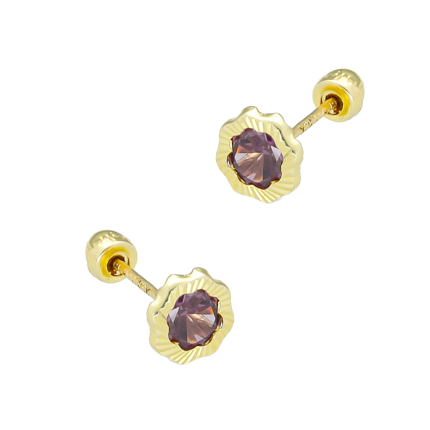 LPAUBR090 Aretes Broquel Oro 10K Niña o Mujer Flor Bisel Diam Violeta 662-B 1909019141