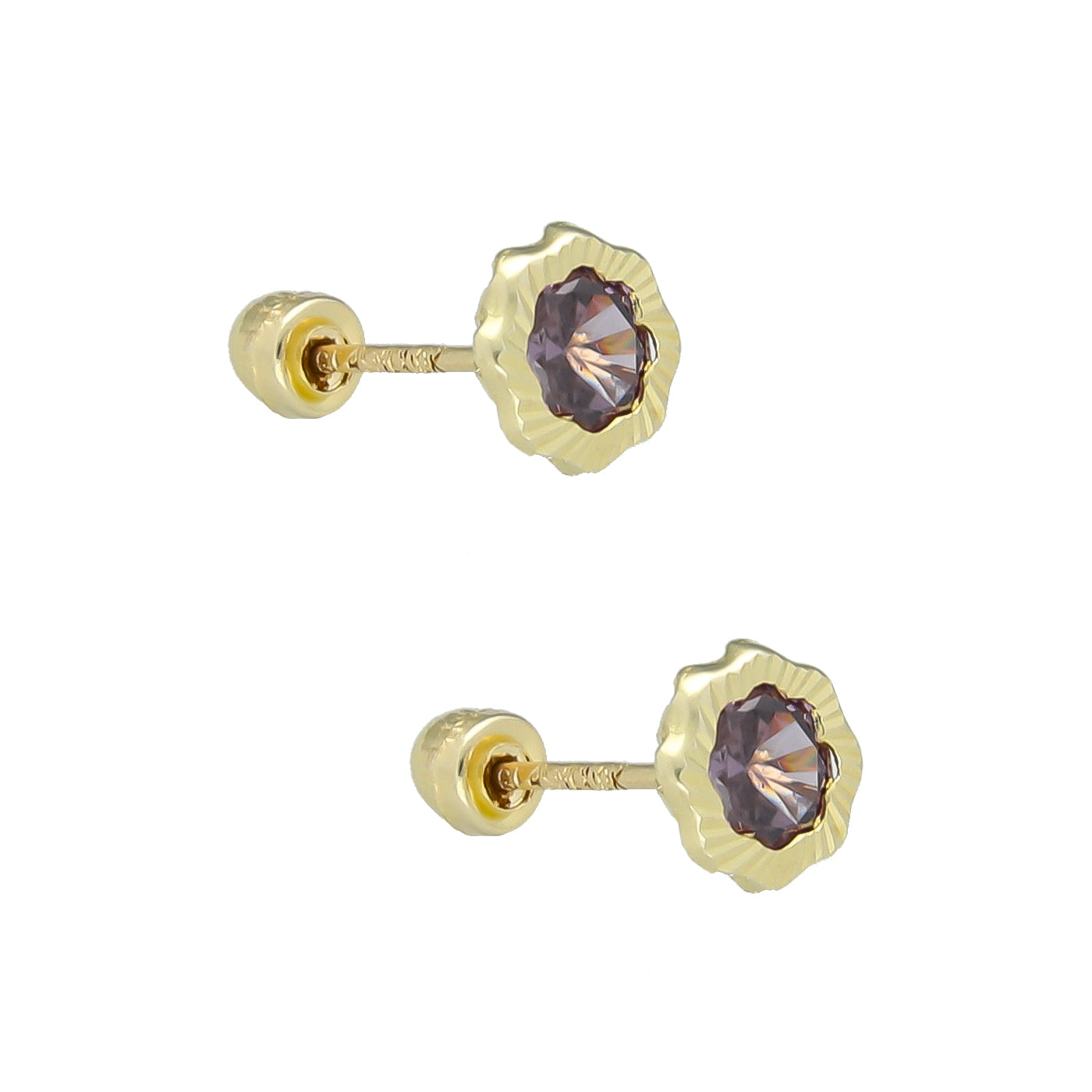 LPAUBR090 Aretes Broquel Oro 10K Niña o Mujer Flor Bisel Diam Violeta 662-B 1909019141