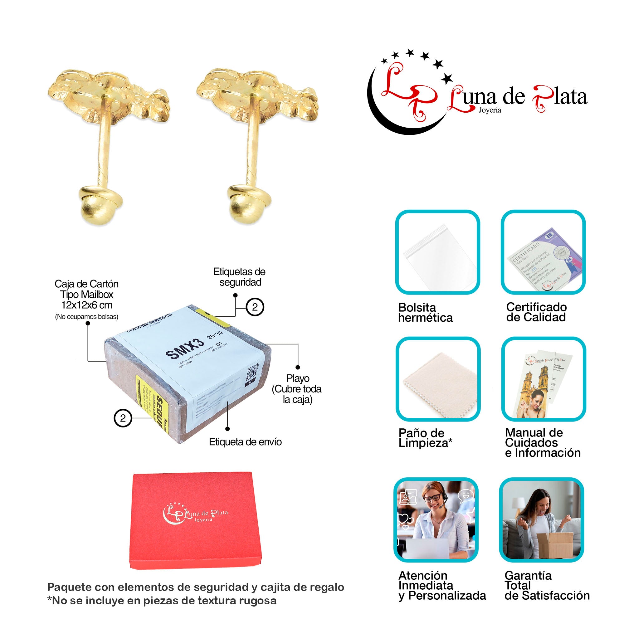 LPAUBR096 Aretes Broquel Oro Sólido 10K Ratoncitos Beso Broche Bolita  275 1989080987